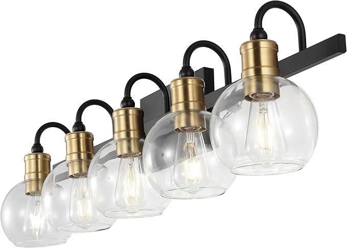 JONATHAN Y 36.5" Black/Brass Gold Vintage Wall Sconce, LED Vanity Light for Bathroom Bedroom Entryway, Clear Glass Globe Shade, Modern Industrial Arched Lamp, LED Bulb Included (JYL3556A)