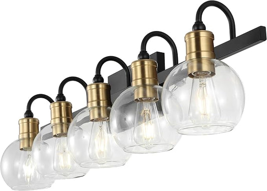 JONATHAN Y 36.5" Black/Brass Gold Vintage Wall Sconce, LED Vanity Light for Bathroom Bedroom Entryway, Clear Glass Globe Shade, Modern Industrial Arched Lamp, LED Bulb Included (JYL3556A)