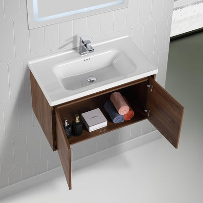 Blossom Modern 32 Inch Floating Bathroom Vanity | Walnut Wood Wall Mount Cabinet & Ceramic Sink | Water-Resistant Wood Core | Soft-Close Minimalist Storage for Master Bath