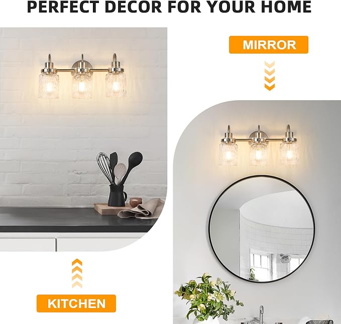 3 Lights Bathroom Vanity Light, Brushed Nickel Bathroom Light Fixtures with Hammered Glass Lampshade for Dressing Table,Over Mirror,Hallway