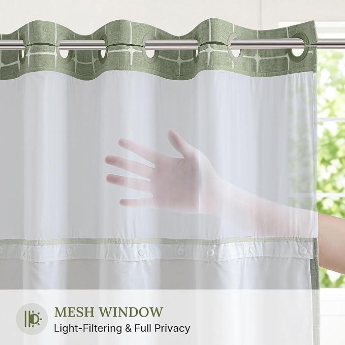 RiverDream Farmhouse No Hooks Shower Curtain with Snap-in Liner,Green,71x86 | Snap on Fabric Liner,Heavy Duty,Quick Dry,Mesh Top Window,With Bottom Magnets,Washable,with Tassels,Extra Long Size