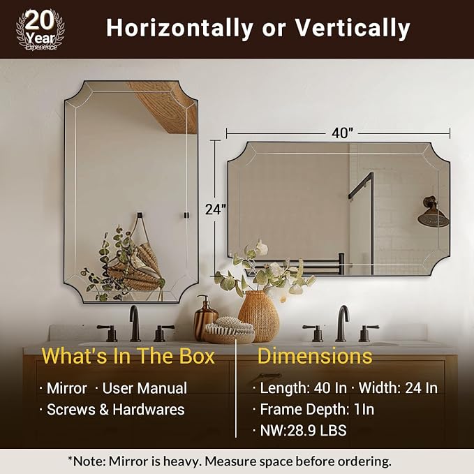 Black Mirror 24x40 Inch, Scalloped Mirror for Bathroom, Unique Rectangular Bathroom Mirror in Premium Stainless Steel Metal Frame 1" Deep, Decorative Mirror for Bathroom, Entryway, Mantel