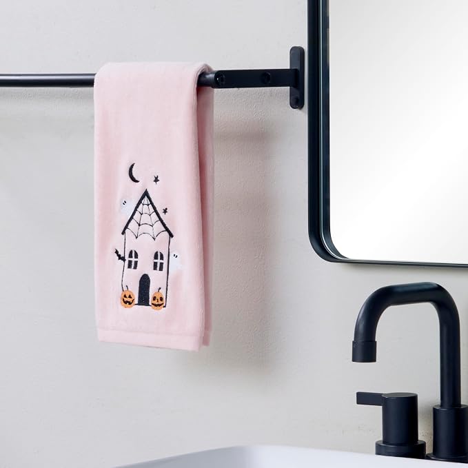SKL Home Halloween Haunted House 100% Cotton Embroidered 2pc Hand Towel Set, Decorative for Bath/Kitchen/Bar & Gift, Pink