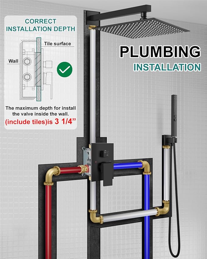 Shower Faucet Set Rainfall Shower System with Square Showerhead and Handle Set Fixture with 2 in 1 Function Handheld Sprayer Wall Mounted Trim Repair Kit Rough-in Valve 16 Inch Matte Black