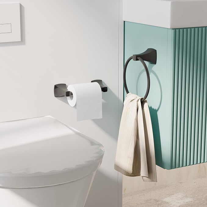 Bathroom Hardware Set 2 Pieces Toilet Paper Holder and Towel Ring Wall Mounted Stainless Steel and Zinc Alloy Matte Black