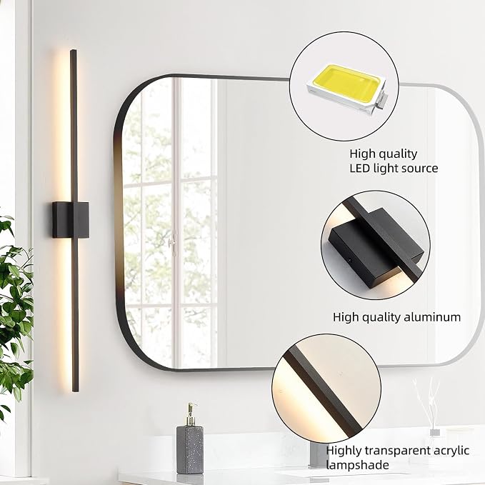 Black Wall Sconces Set of Two, 40 Inch Dimmable LED | Wall Sconce Modern Black Sconces Set of 2 for Bathroom, Living Room, Bedroom, Hardwired 3000K (2 Pack)
