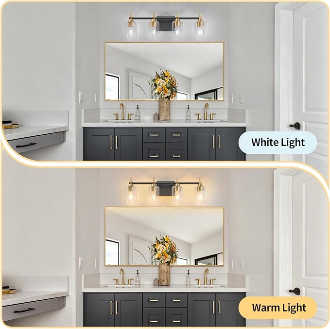 4-Light Modern Bathroom Vanity Light,Black and Gold Light Fixtures for Bathroom,Modern Wall Light Over Mirror with Glass E26 Socket (Bulbs Not Included)