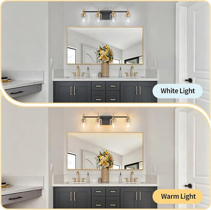 4-Light Modern Bathroom Vanity Light,Black and Gold Light Fixtures for Bathroom,Modern Wall Light Over Mirror with Glass E26 Socket (Bulbs Not Included)