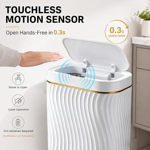 Bathroom Small Trash Can with Automatic Touchless Lid, 2.6 Gallon Smart Garbage Can Narrow Waterproof Trash Bin for Bedroom, Office, Living Room