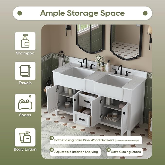 60 Inch Bathroom Vanity with Double Sink, Farmhouse Bathroom Sink Cabinet with Soft Closing Doors & Drawers, Solid Wooden Frame Double Sink Bathroom Vanity, Adjustable Feet, White