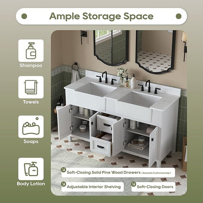 60 Inch Bathroom Vanity with Double Sink, Farmhouse Bathroom Sink Cabinet with Soft Closing Doors & Drawers, Solid Wooden Frame Double Sink Bathroom Vanity, Adjustable Feet, White