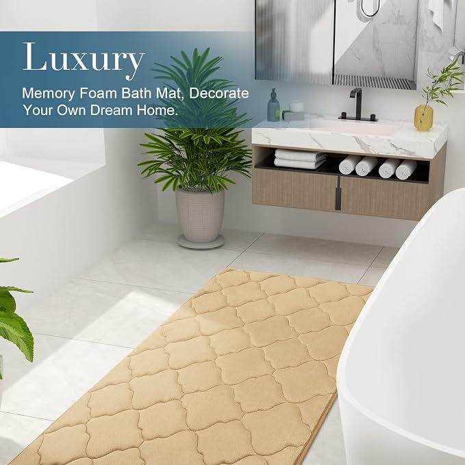 OLANLY Memory Foam Bath Mat Rug 70x24, Ultra Soft and Absorbent Bathroom Rugs, Non-Slip, Comfortable, Machine Washable Bath Carpet for Bathroom Floor, Tub, Shower and Home Decor Accessories, Beige