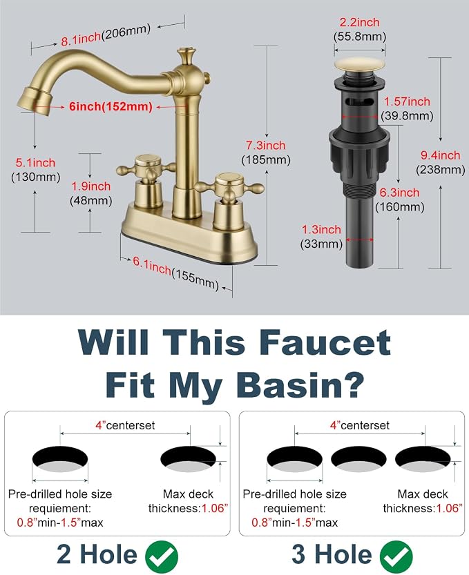 4 Inch Centerset Bathroom Sink Faucet 2 Handle Brushed Gold | Swivel Spout,Pop Up Drain,cUPC Hose,for 2 or 3 Hole Sink,Lavatory,Vintage,Farmhouse,RV,SUS304 Mixer Tap,Metal Cross Handle