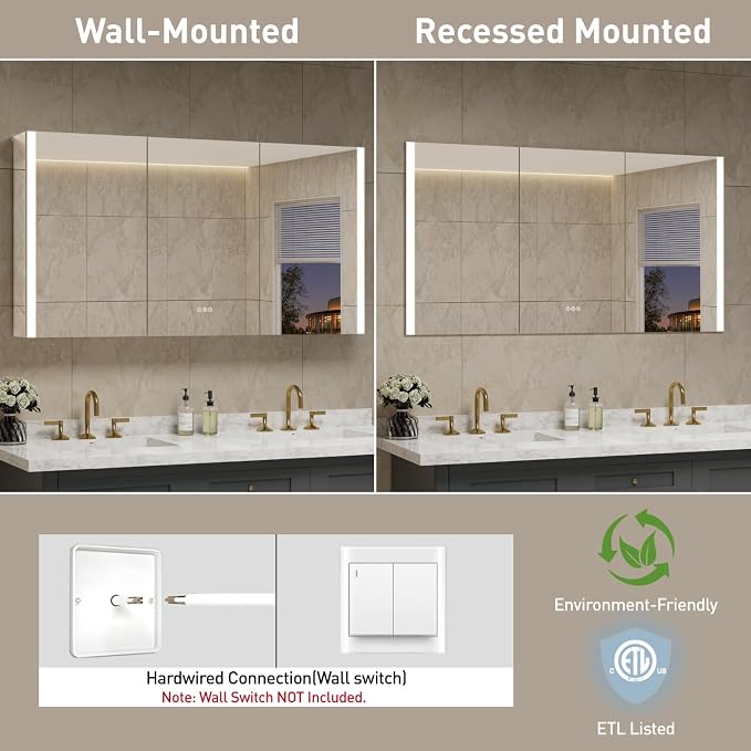 60 x 32 Inch Medicine Cabinet with Mirror and LED Light for Bathroom | Recessed, Wall-Mounted, Dimmable, Anti-Fog, Memory Function, 3 Color Mode, Outlet&USB, Adjustable Shelf, ETL Listed, Aluminum