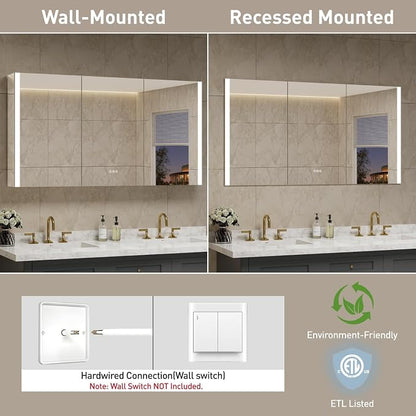 60 x 32 Inch Medicine Cabinet with Mirror and LED Light for Bathroom | Recessed, Wall-Mounted, Dimmable, Anti-Fog, Memory Function, 3 Color Mode, Outlet&USB, Adjustable Shelf, ETL Listed, Aluminum