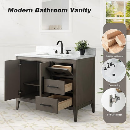 HomeBeyond 42 Inch Bathroom Vanity with Sink & Ceramic Top, Single Vanity Cabinet with Basin, Soft-Closing Door & Matts Black Hardware, Driftwood Gray