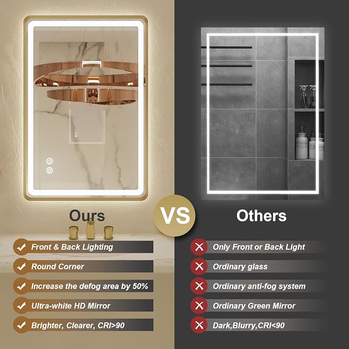 24x32 Inch LED Bathroom Mirror with Round Corner Gold Framed, Lighted Vanity Mirrors with Lights, Front Light and Backlit, Stepless Dimmable, Anti-Fog, Memory, 3 Colors Wall-Mounted Mirrors