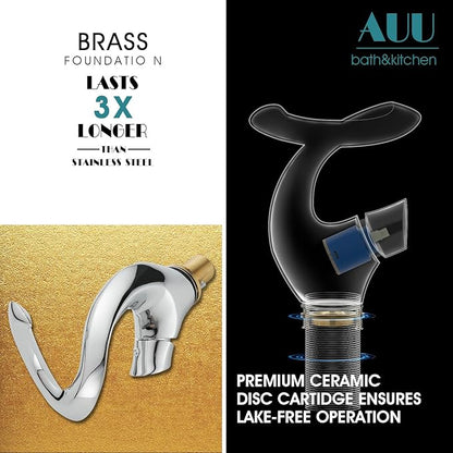 Elegant Alien Chrome Bathroom Sink Faucet Single Hole,AUU Chrome Polished Waterfall Vanity Sink Faucet Solid Brass,Single Handle Basin Tap with Pop Up Drian&Deck Plate