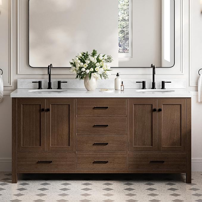 ARIEL Cambridge 72-inch Bathroom Vanity with Sink,Solid Wood, 1.5-inch Italian Carrara Marble Countertop, Double Oval Porcelain Sink, 4 Soft Closing Doors, 6 Dovetail Drawers, Brown Oak