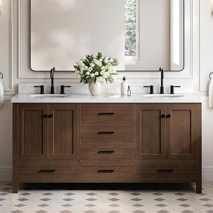 ARIEL Cambridge 72-inch Bathroom Vanity with Sink,Solid Wood, 1.5-inch Italian Carrara Marble Countertop, Double Oval Porcelain Sink, 4 Soft Closing Doors, 6 Dovetail Drawers, Brown Oak
