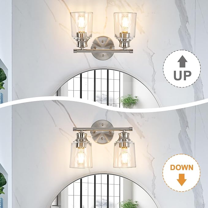 Bathroom Light Fixtures Over Mirror, 2 Lights Vanity Lights with Clear Glass Shade, 12.1" Brushed Nickel Farmhouse Bathroom Wall Light Fixtures for Bedroom, Hotel, Mirror Cabinet