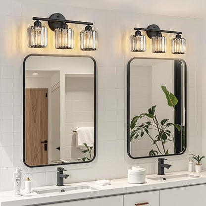 Modern 3 Light Crystal Vanity Light, Black Vertical Bathroom Light Fixture Over Mirror for Dressing Table Sink, Compatible with Dimmable Bulbs (Bulbs Not Included)