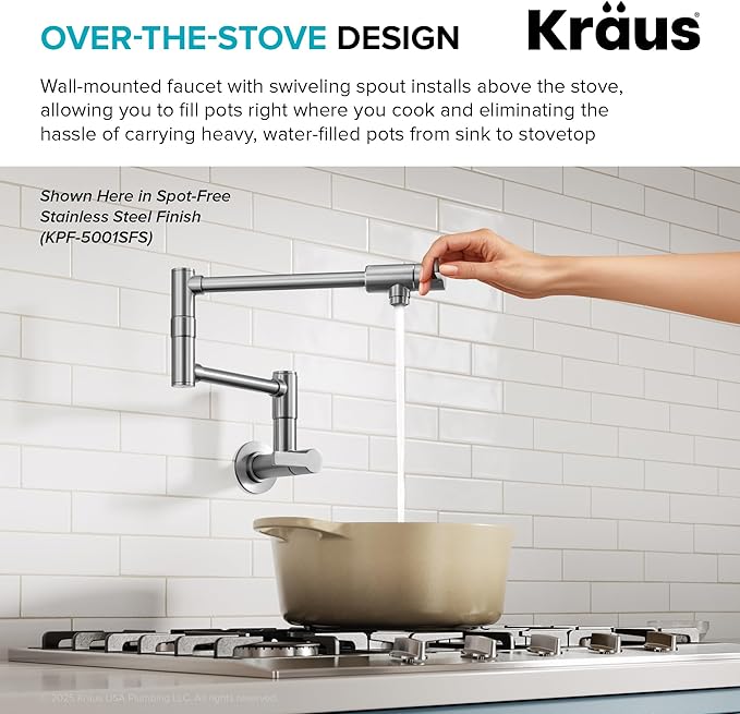KRAUS Oletto Pot Filler Faucet with Retractable Arm, Wall Mount Kitchen Faucet, Pot Filler for Stove in Spot-Free Brushed Brass, KPF-5001SFACB
