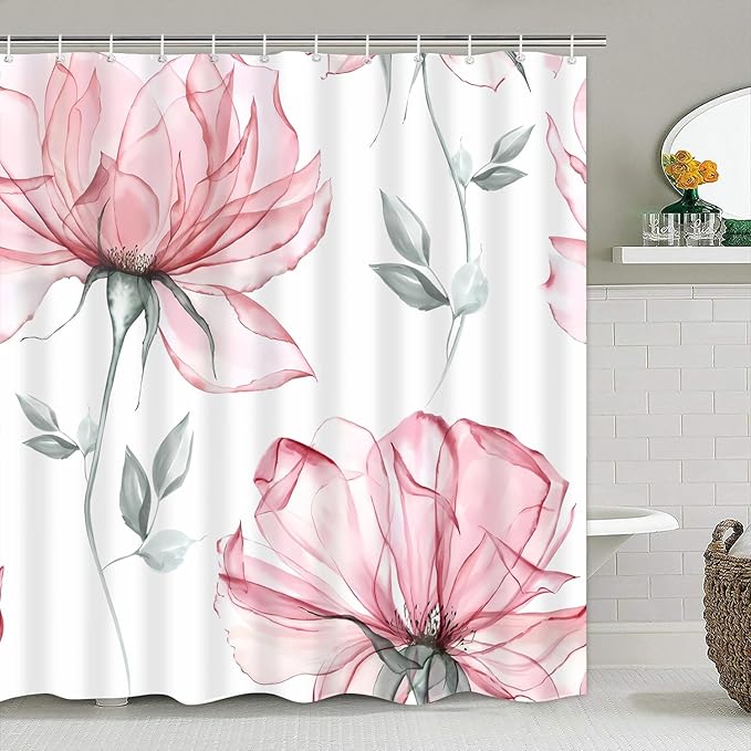 4-Piece Pink Flowers Shower Curtain Set Floral Leaves Bathroom Set with Shower Curtain and Rugs, Pink White Minimalist Bath Curtain with Hooks for Modern Home Decor