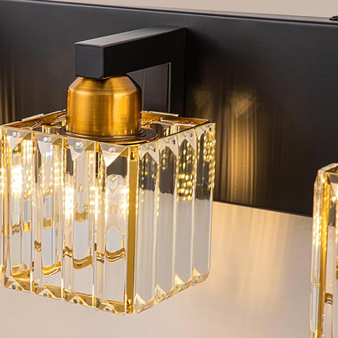Crystal Black Gold Bathroom Vanity Light, 5-Lights Bathroom Lighting Fixtures Over Mirror Modern Glam Crystal Wall Lighting with Square Shade