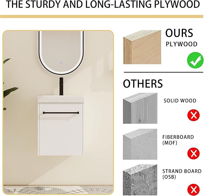 Malwee 18" Floating Bathroom Vanity with Sink, 18 inch Modern White Wall Mounted Bathroom Cabinet Combo for Small Space, Narrow Bath Wall-Hung Vanity Set with 1 Ceramic Basin and 1 Door(18gwh)