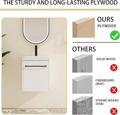 Malwee 18" Floating Bathroom Vanity with Sink, 18 inch Modern White Wall Mounted Bathroom Cabinet Combo for Small Space, Narrow Bath Wall-Hung Vanity Set with 1 Ceramic Basin and 1 Door(18gwh)