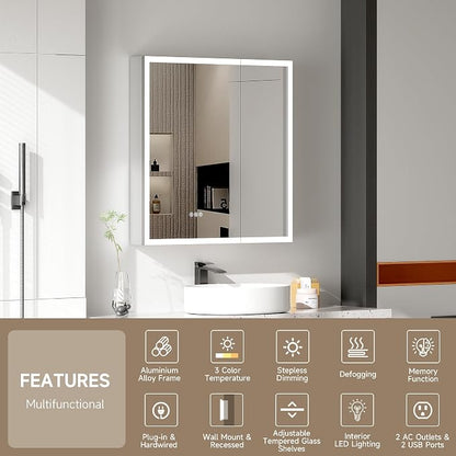 LED Lighted Medicine Cabinet with Mirror, 30x32 Inches, Recessed or Wall Mounted, Anti-Fog, 3 Color Temperature, Adjustable Brightness, Bathroom Storage Cabinet