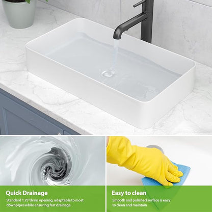 24 Inch Rectangular Bathroom Sink White Above Counter | 24"x14" Large Bathroom Sink Modern White Porcelain Ceramic Above Counter Vanity Sink Countertop Vessel Sink Art Basin