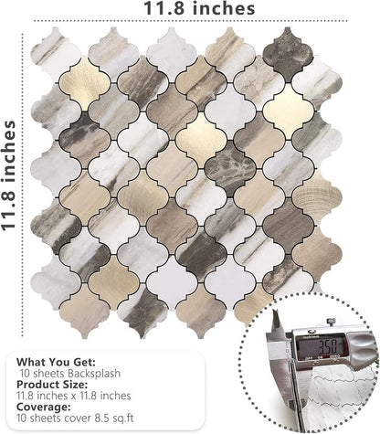 STICKGOO Arabesque Peel and Stick Backsplash Tile, Stick on Backsplash for Kitchen and Bathroom, Gold Wood Grain Marble Look PVC Mixed Metal Aluminum Mosaic Tiles(10 Sheets)