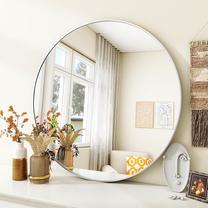 Silver Round Bathroom Mirror 30", Thin Metal Frame Wall Mirror | Circle Vanity Mirror for Over Sink, Hanging or Leaning Decor for Hallway, Entryway, Fireplace Mantel, Living Room