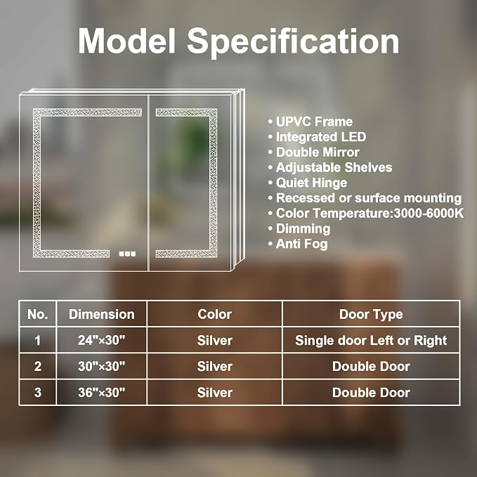 LED Bathroom Medicine Cabinet with Mirror, 36"x30" Anti-Fog Smart Mirror Cabinet, UPVC Waterproof Vanity Cabinet Recessed/Surface, Adjustable Shelves, 3-Color Dimmable, Motion Sensor, DTC Hinges