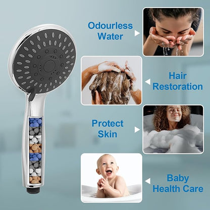 High Pressure Handheld Shower Head 5-Settings with Hard Water Filter | Powerful Water Spray, Against Low Pressure Water Flow, 59 Inch Stainless Hose, Adjustable Mount