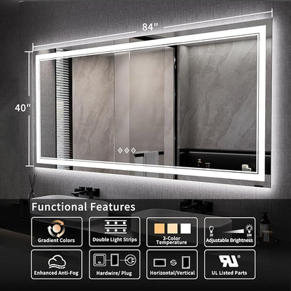 Big Bathroom Mirror, 84x40 Inch Gradient Front and Backlit Lighted Mirror, 3 Colors Dimmable CRI>90 Double Lights, IP54 Enhanced Anti-Fog, Wall Mount LED Vanity Mirror