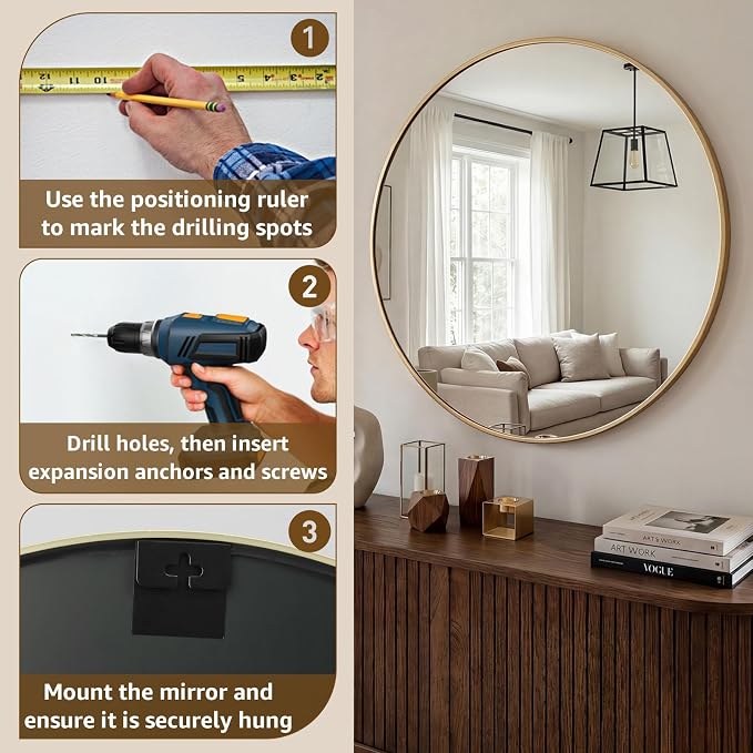DUMOS 24 Inch Round Wall Mirror, Bathroom Mirrors for Over Sink | Matte Metal Framed Circle Mirror, Wall Decor for Bedroom, Entryway, Anti-Rust, Tempered Glass, Hanging or Leaning, Gold