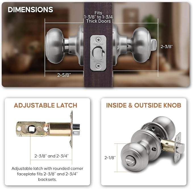 Copper Creek Privacy Interior Door Knob – ANSI Grade-3 Certified, Modern Heavy Duty Handle, Easy Install and Reversible for Bedroom, Bathroom & Closets – Satin Stainless (3 Pack)