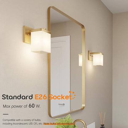 Vanity Lighting Fixture with White Frosted Glass, Gold Bathroom Wall Lamp Over Mirror, Wall Sconce for Living Room Kitchen Washroom Porch T003GD-L1