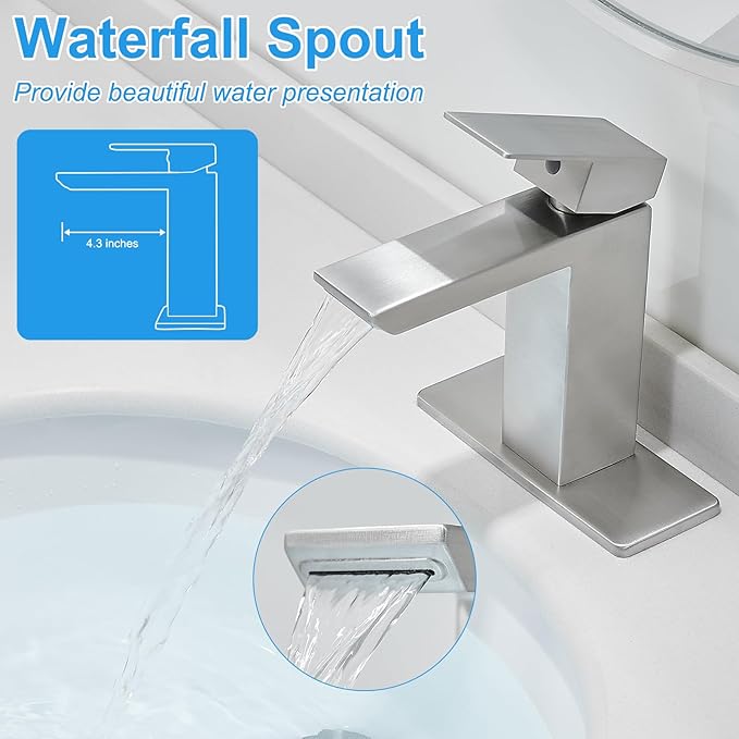 RUMOSE Brushed Nickel Bathroom Faucets Set with Pop Up Drain Single Handle Bathroom Sink Faucet 1 & 3 Hole Waterfall Spout Vanity Faucet Kit with Deck Plate RV Lavatory Basin Faucet, Stainless Steel