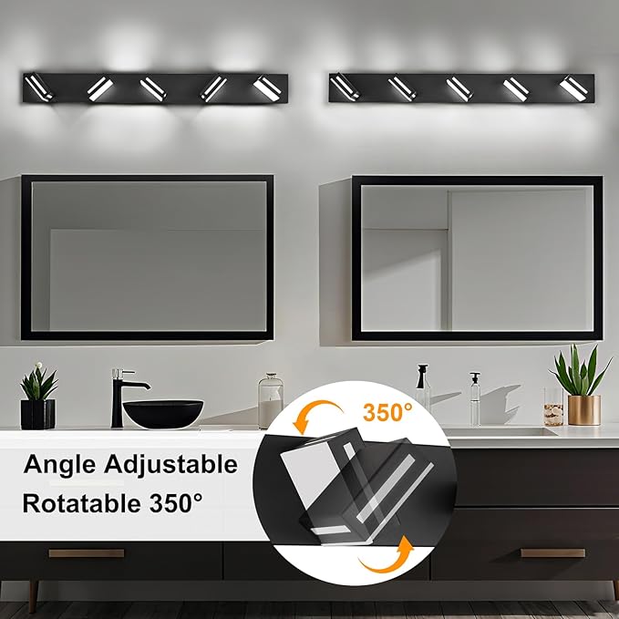 LED Modern Bathroom Light Fixtures, 5-Light 40-Inch Matte Black Vanity Lights for Bathroom Lighting Fixtures Over Mirror, 350° Rotatable Acrylic, 6000K Cool White Wall Lamp