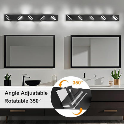LED Modern Bathroom Light Fixtures, 5-Light 40-Inch Matte Black Vanity Lights for Bathroom Lighting Fixtures Over Mirror, 350° Rotatable Acrylic, 6000K Cool White Wall Lamp