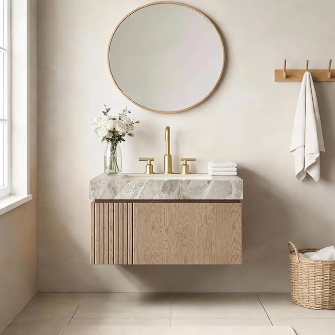Ambrovina 30" Floating Bathroom Vanity with Sink, Modern Plywood Bathroom Storage Cabinet with Drawer and Door, Gray Sintered Stone Countertop and 3 Pre-drilled Faucet Holes Ceramic Basin, Light Brown