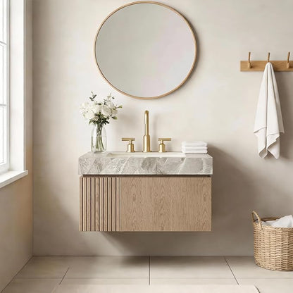 Ambrovina 30" Floating Bathroom Vanity with Sink, Modern Plywood Bathroom Storage Cabinet with Drawer and Door, Gray Sintered Stone Countertop and 3 Pre-drilled Faucet Holes Ceramic Basin, Light Brown
