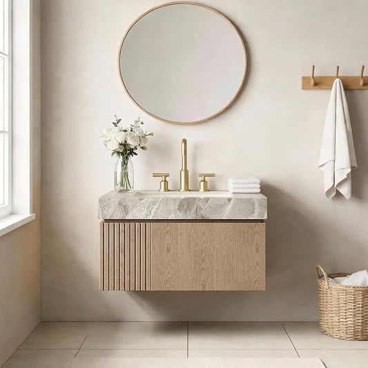 Ambrovina 30" Floating Bathroom Vanity with Sink, Modern Plywood Bathroom Storage Cabinet with Drawer and Door, Gray Sintered Stone Countertop and 3 Pre-drilled Faucet Holes Ceramic Basin, Light Brown
