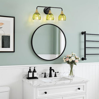 Bathroom Vanity Light Fixtures: 3-Lights Vintage Bathroom Lights Over Mirror with Ribbed Green Tulip Glass Shade - 22.4 inch Black and Gold Wall Sconce Bath Lighting