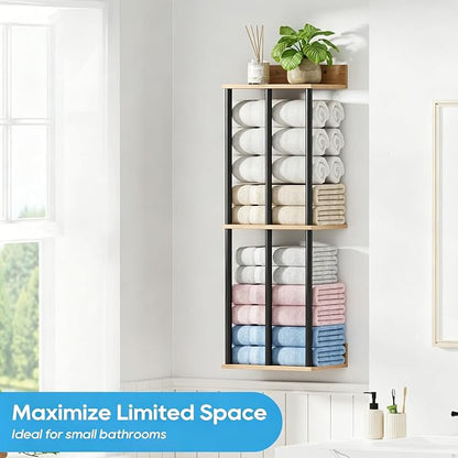Towel Racks for Bathroom Wall Mounted with Wooden Storage Shelf | Updated 3 Bar Metal Towel Holder for Rolled Towels, Sturdy and Large Capacity, Towel Storage Organizer