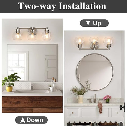 Upgrade 3-Light Bathroom Light Fixtures, Modern Vanity Light with Globe Glass Shade, Brushed Nickel Bathroom Lights Over Mirror, Vanity Lights for Bathroom Bedroom Hallway Living Room